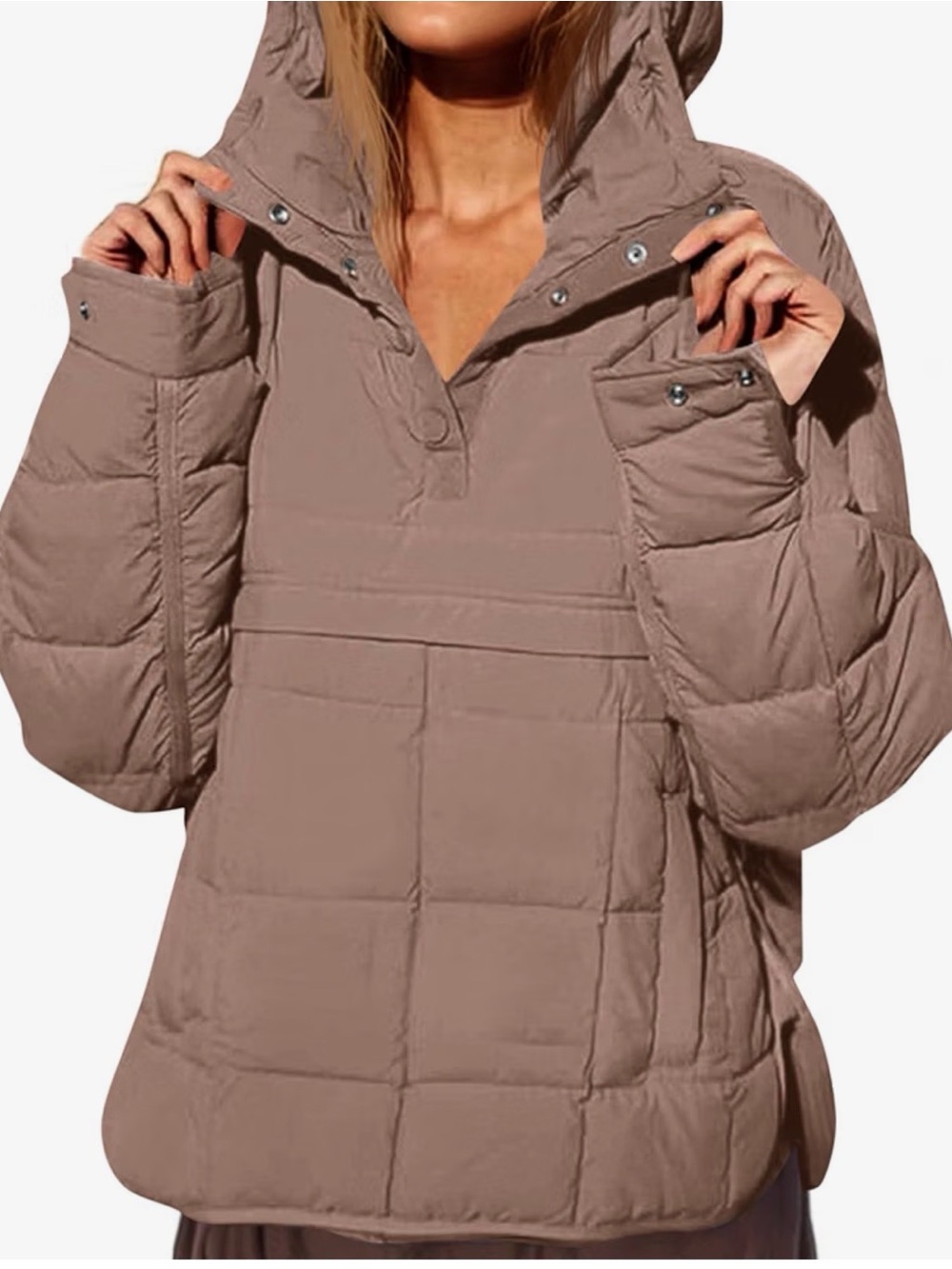 Ladies Quilted Hooded Pullover Jacket - Brown